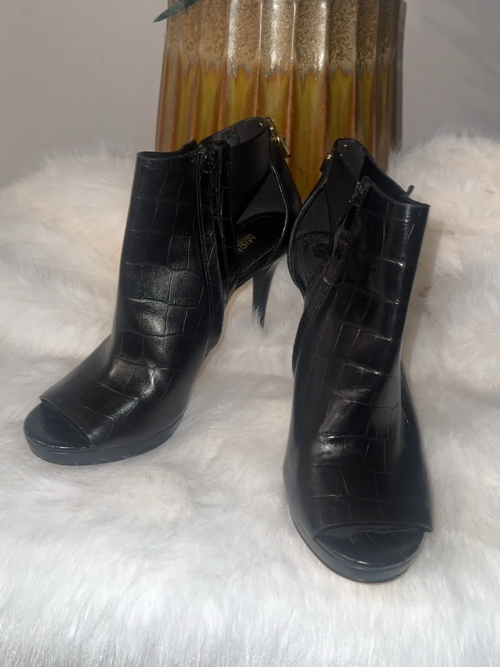 Michael Kors Black Leather Cutout Ankle Heels with Gold Hardware - Picture 3 of 3